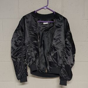 Women's Black Satin Cinch Sleeve Bomber Jacket Size Small NWOT, Bikercore, Edgy